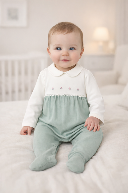 Pre-order Mayoral Baby Girl Rose/Embroidered Babygrow | Sage Green & Ivory Babygrow With Rose Embroidery (0M–12M)