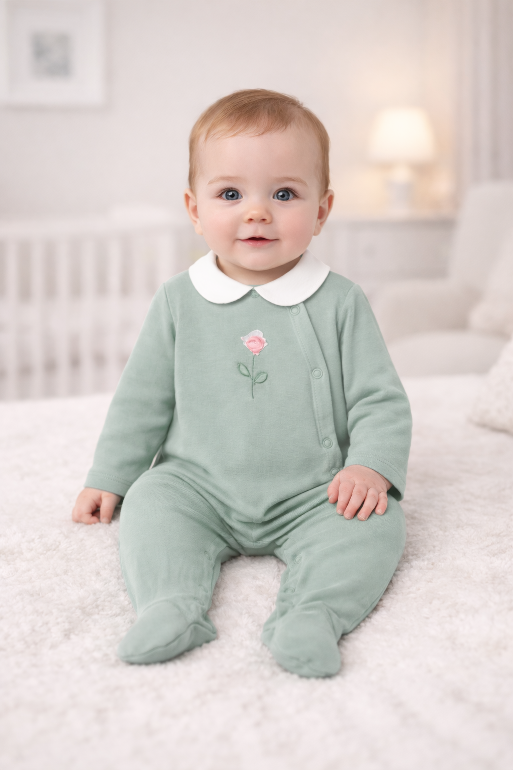 Pre-order Mayoral Baby Girl Rose Babygrow | Sage Green Babygrow With Rose Applique (0M–12M)