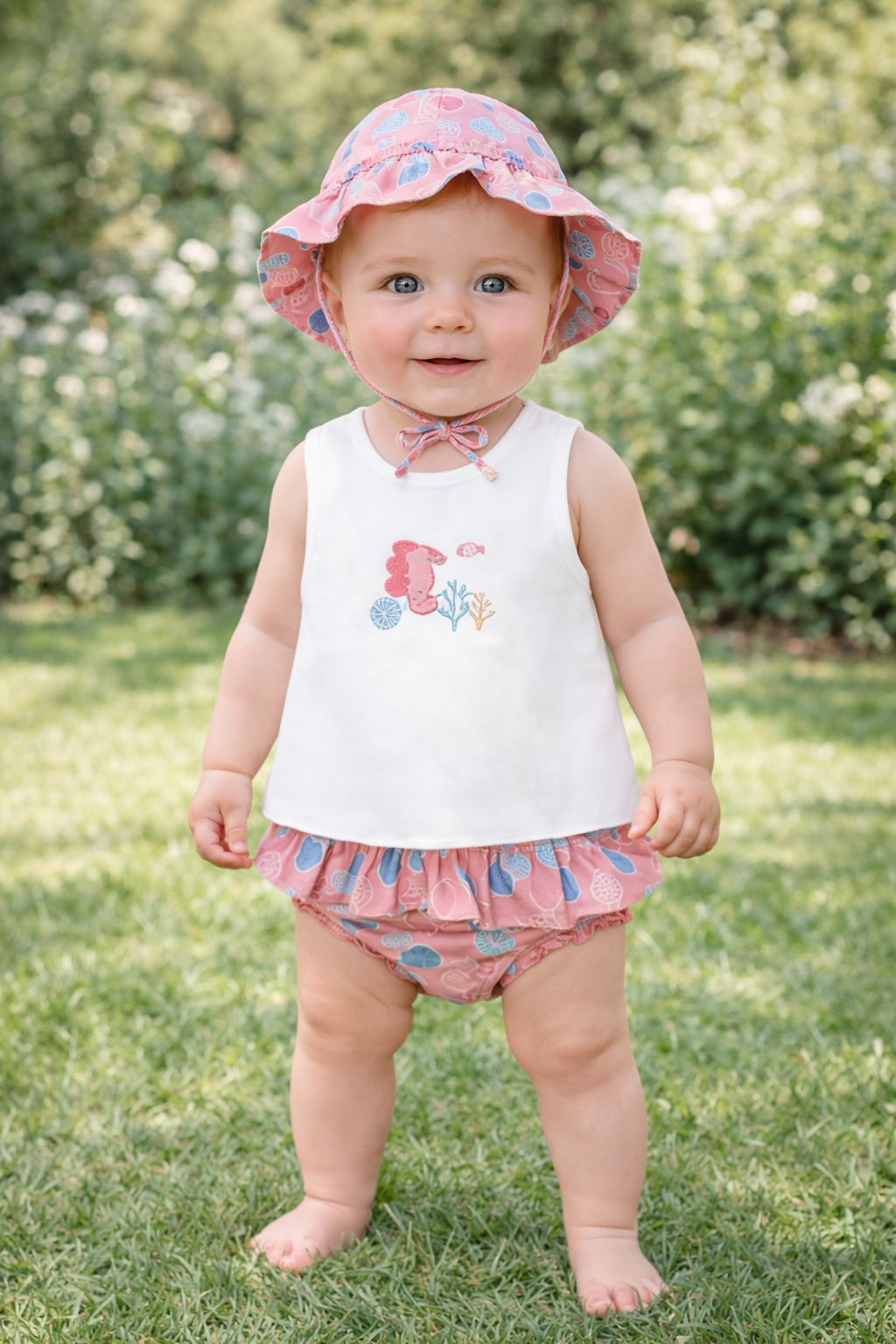 Pre order-Mayoral Baby Girl 3-Piece Swim Set | Terracotta Orange Swimming Knicker Set & Hat (2-4M–18M)