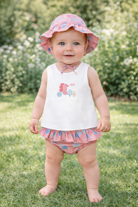 Pre order-Mayoral Baby Girl 3-Piece Swim Set | Terracotta Orange Swimming Knicker Set & Hat (2-4M–18M)