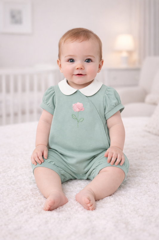 Pre-order Mayoral Baby Girl Rose Romper | Sage Green Romper With Rose Applique (0M–18M)