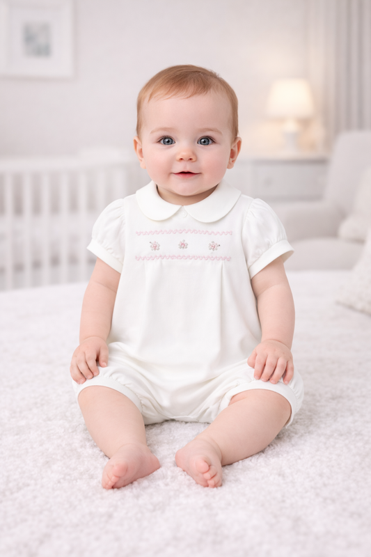 Pre-order Mayoral Baby Girl Rose/Embroidered Romper | Sage Green & Ivory Romper With Rose Embroidery (0M–18M)