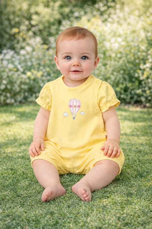 Pre-order Mayoral Baby Girl Sunny Balloon Romper | Lemon Hot Air Balloon Romper (0M–18M)