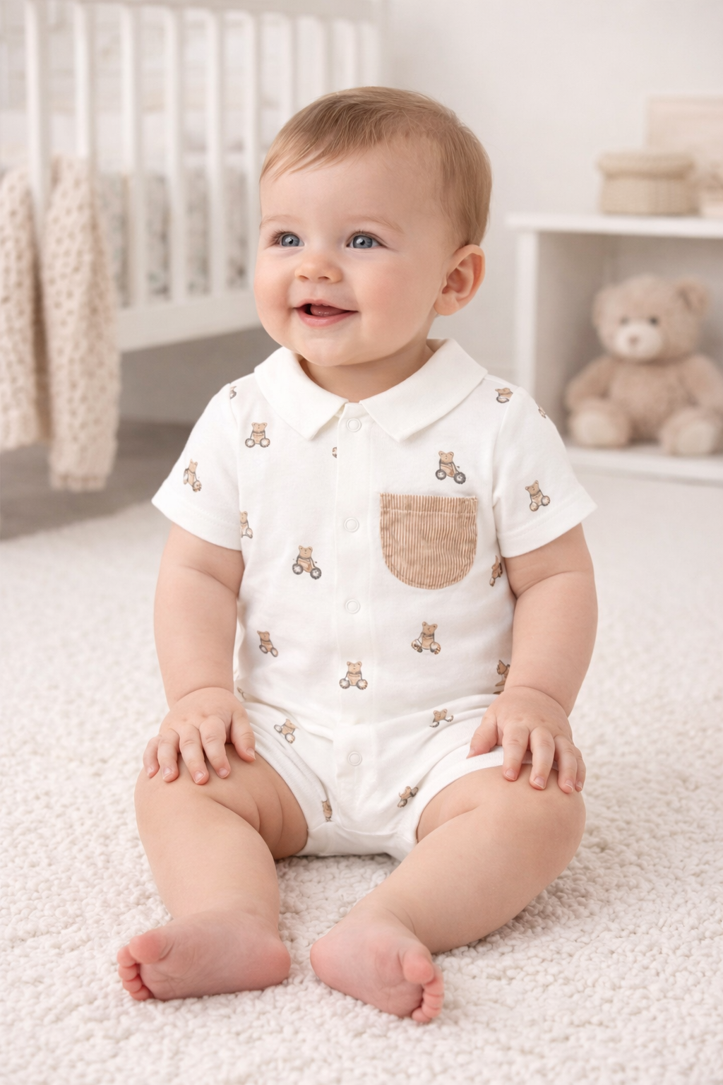 Mayoral Baby Boy Cream Teddy Print Romper | Cream Teddy Print Romper With Pocket (0M–18M)