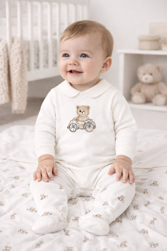 Pre-order Mayoral Baby Boy Cream Teddy Embroidered Babygrow | Cream Teddy Embroidered Babygrow (0M–12M)