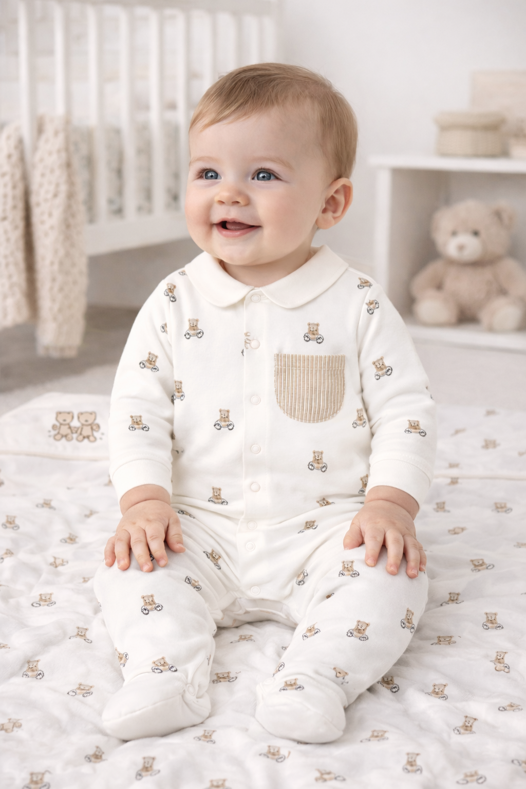 Mayoral Baby Boy Cream Teddy Print Babygrow | Cream Teddy Print Babygrow With Pocket (0M–12M)