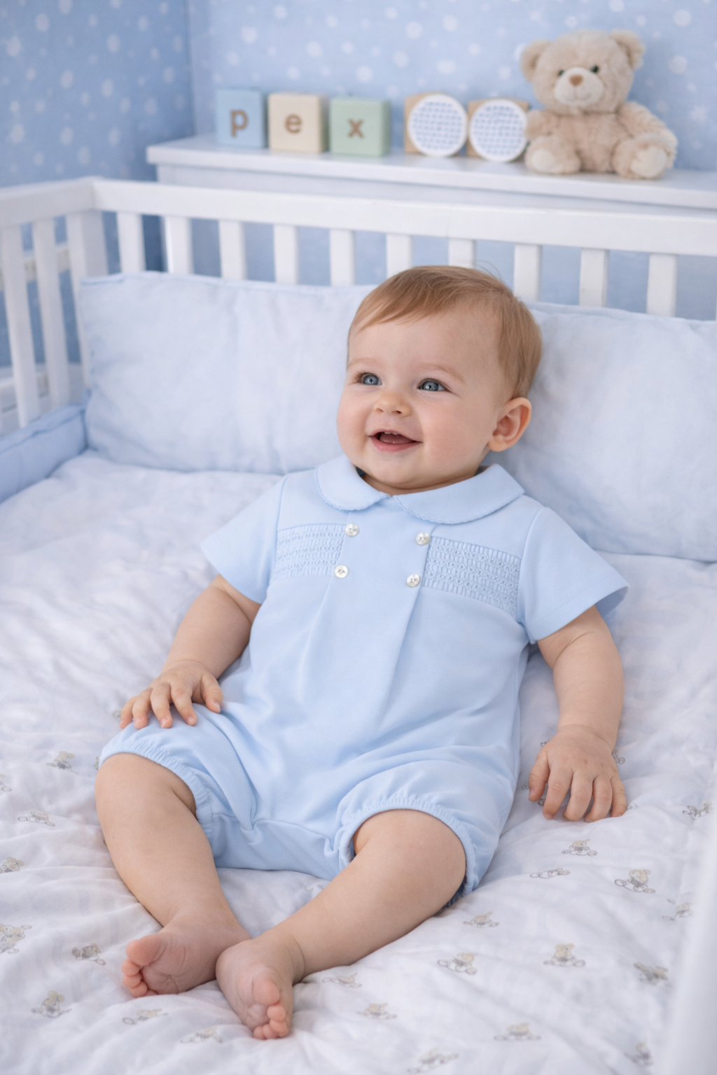 Pex Smocked Blue Romper | Newborn to 18-24M