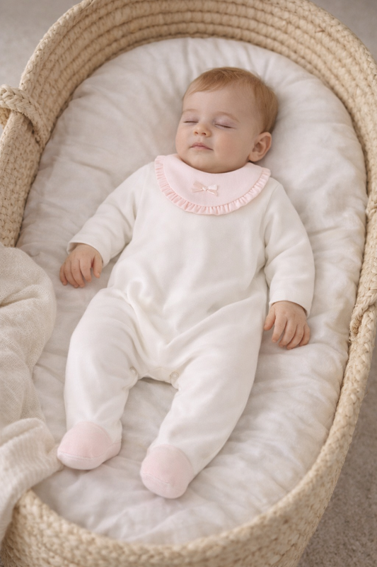 Little Stars White Velour Babygrow with Pink Ruffle Collar| Newborn to 3M