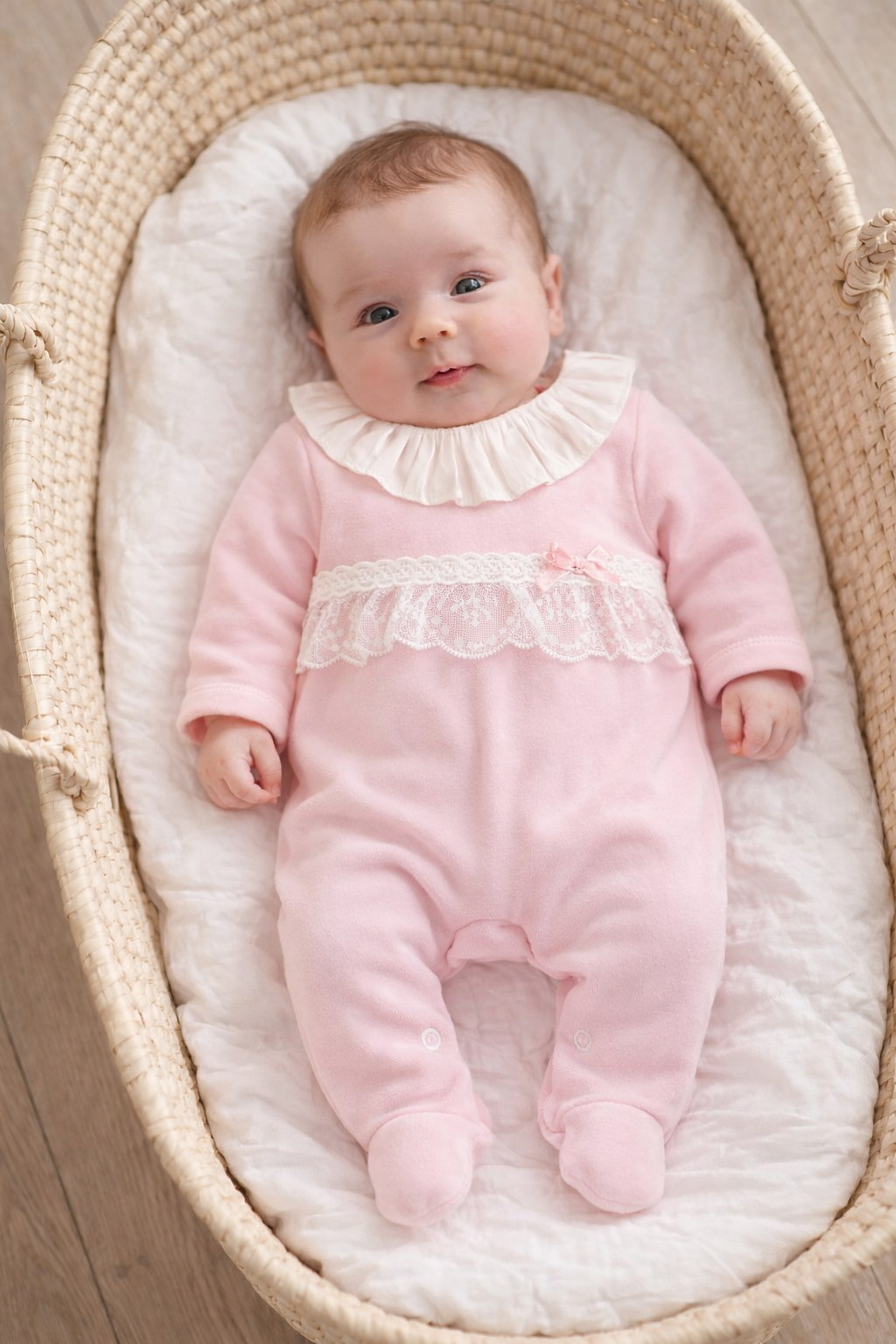 Little Stars Baby Pink Velour Babygrow with Lace Ruffle  | Newborn to 6M