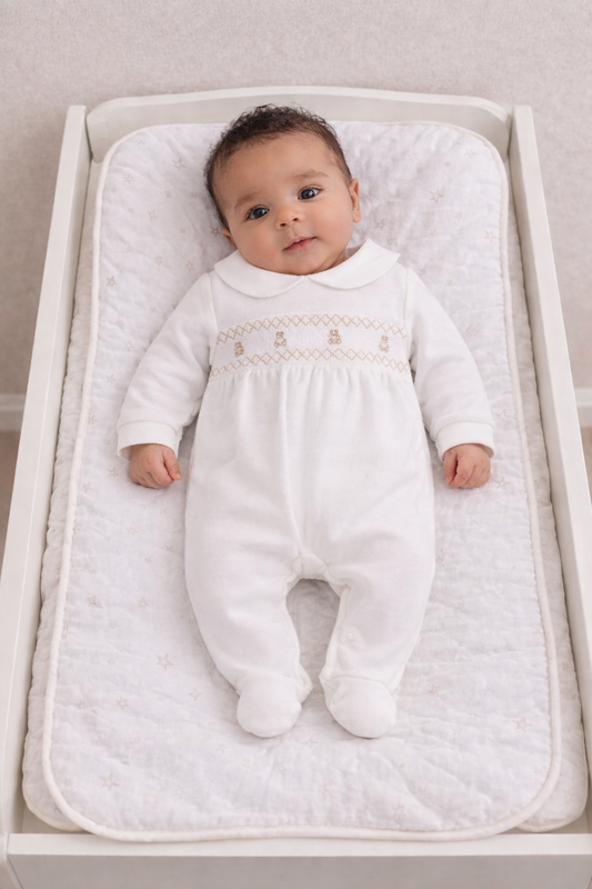Pex Ivory Smocked Velour Teddy Sleepsuit | Prem to 3-6M