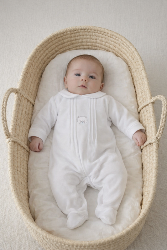 Pex White Velour Bear Sleepsuit | Prem to 3-6M