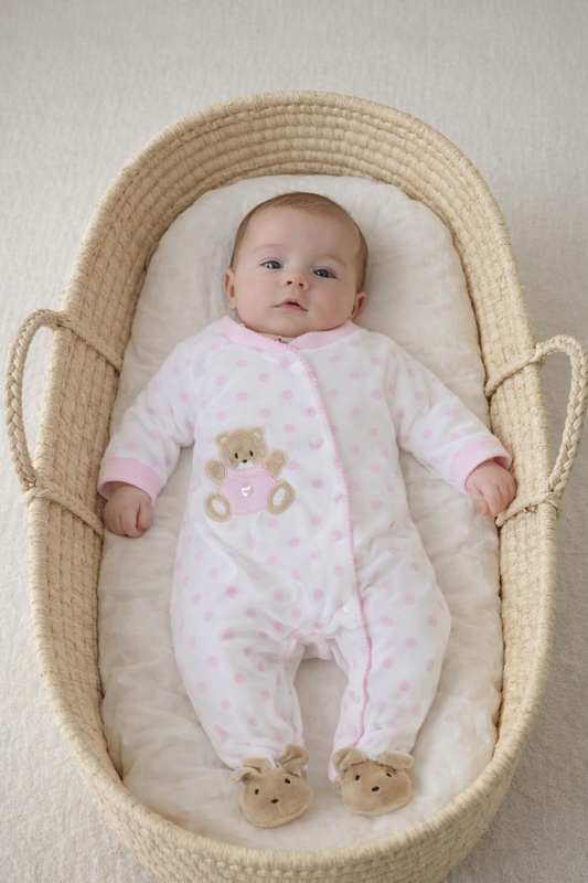 Pex White/Baby Pink Teddy Spot Sleepsuit | Prem to 3-6M