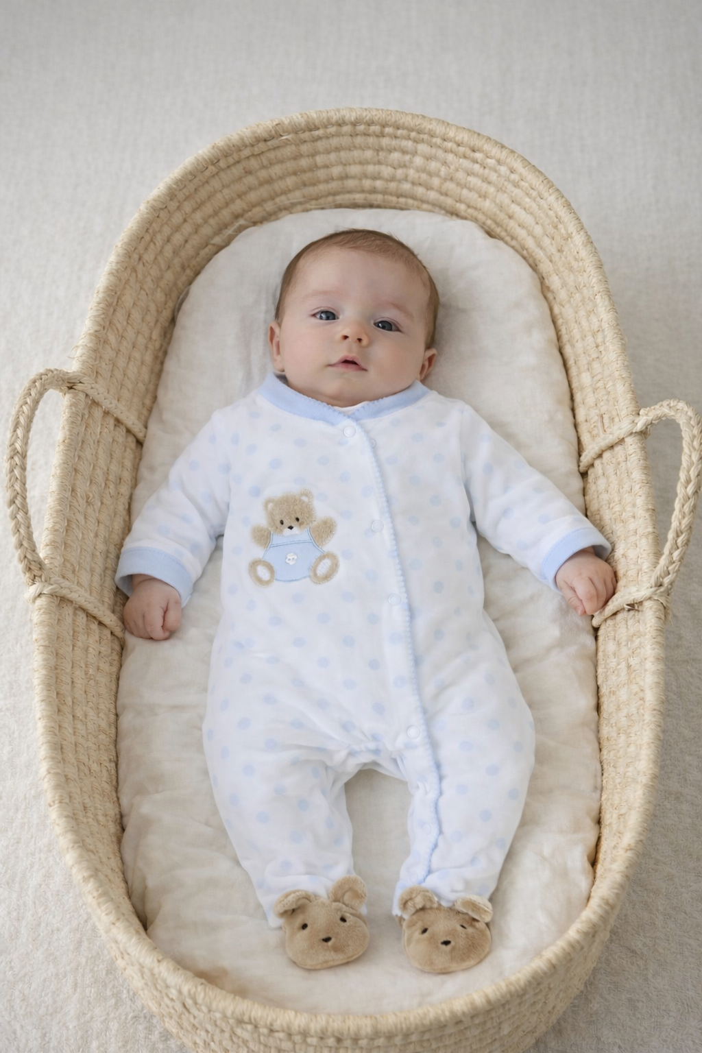 Pex White/Baby Blue Teddy Spot Sleepsuit | Prem to 3-6M