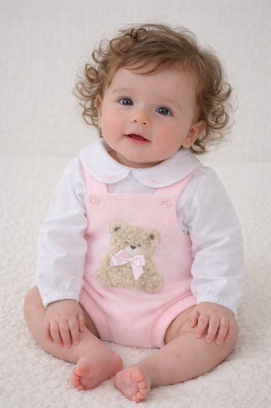 Pex Baby Teddy Dungaree Set – Pink | 0-3M to 18-24M | Knitted Outfit