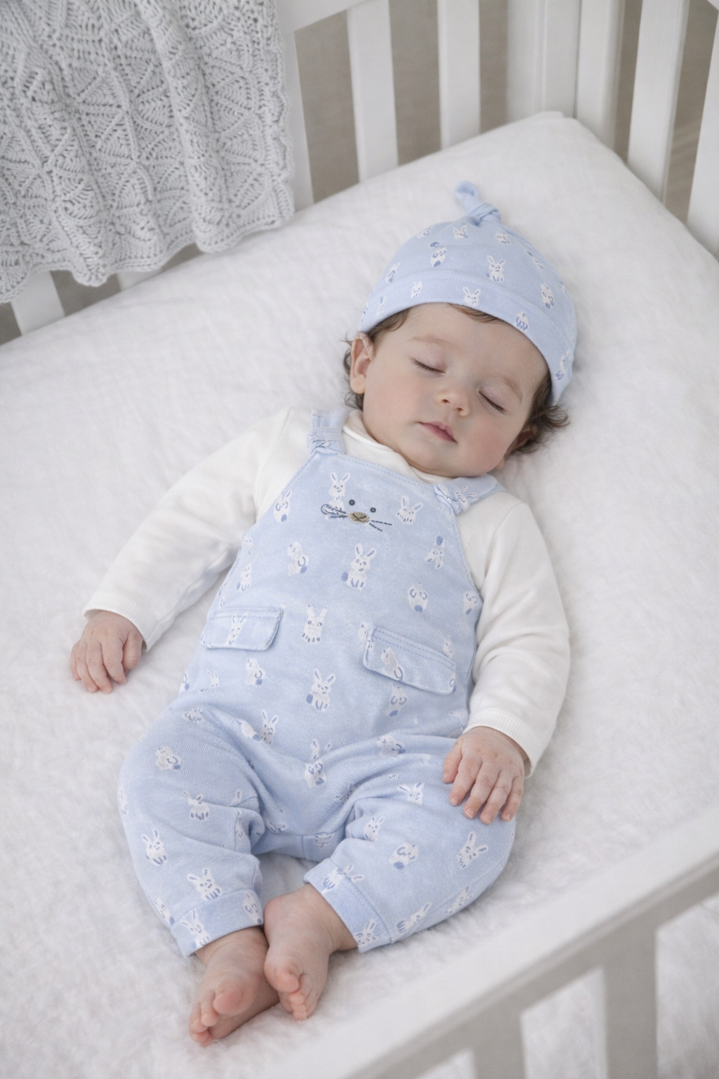 Mayoral Baby Boy 3-Piece Dungaree Set | Blue Bunny Footed Romper, Long Sleeve Top & Hat (0–18M)