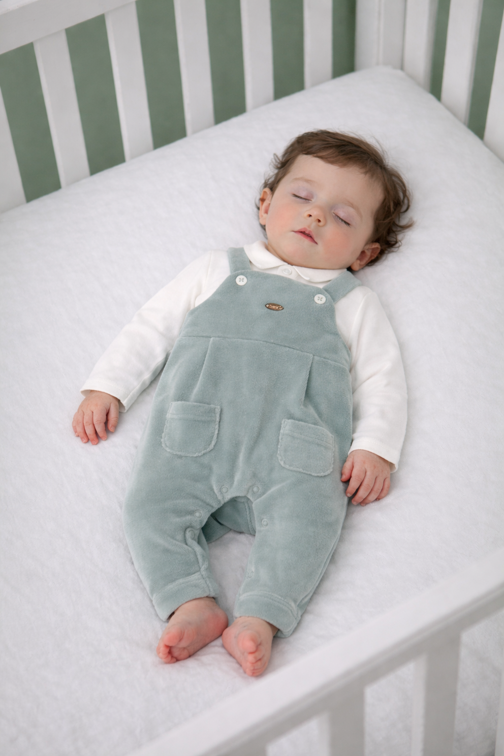 Mayoral Baby Boy Velour Dungaree Romper | Soft Sage Green Footed Romper & White Collared Top (0–18M)
