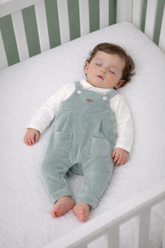 Mayoral Baby Boy Velour Dungaree Romper | Soft Sage Green Footed Romper & White Collared Top (0–18M)