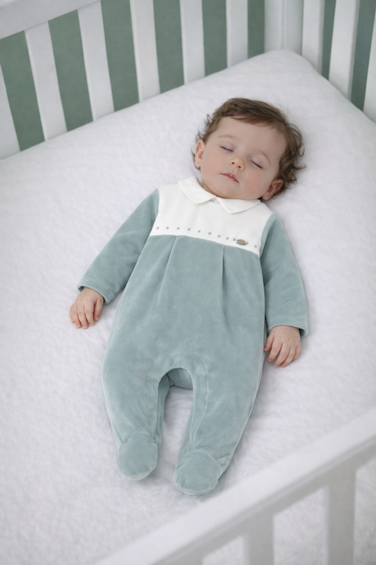 Mayoral Baby Boy Velour Babygrow | Soft Sage Green or Blue with Collar & Stitch Detail (0–18M)