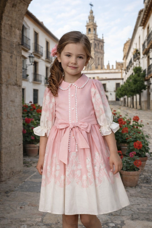 Patachou Girls Pink & White Floral Summer Dress  | Pink & White Summer Dress With Bow Detail(6-12 Years)