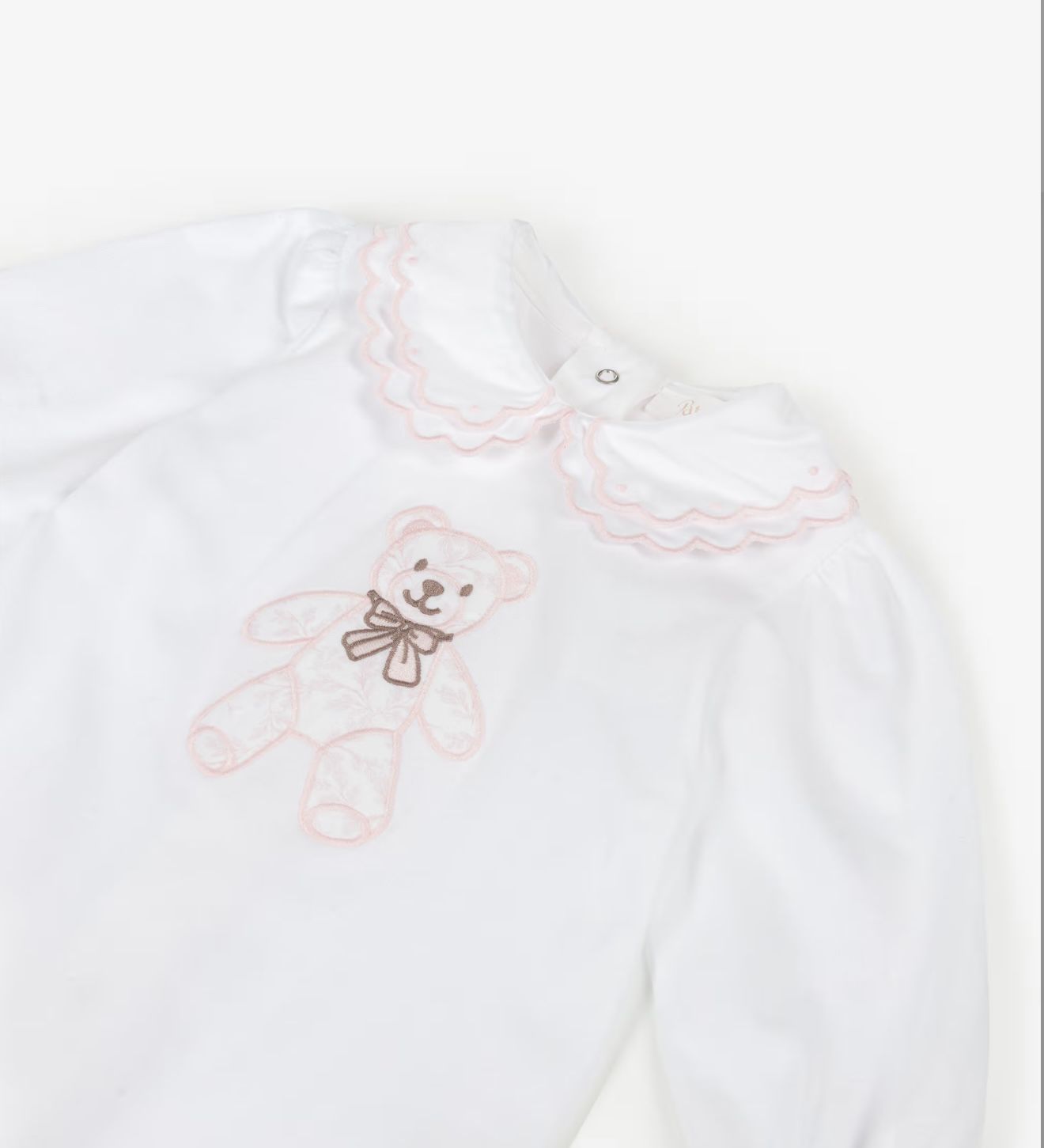 Patachou Baby Pink Toile Teddy Babygrow  | Teddy Bear Detail Babygrow With Scallop Collar (1-6 Months)