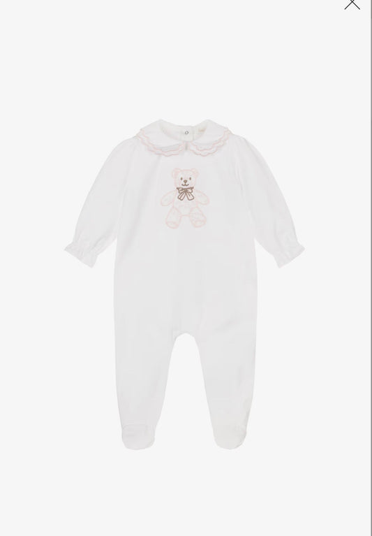 Patachou Baby Pink Toile Teddy Babygrow  | Teddy Bear Detail Babygrow With Scallop Collar (1-6 Months)