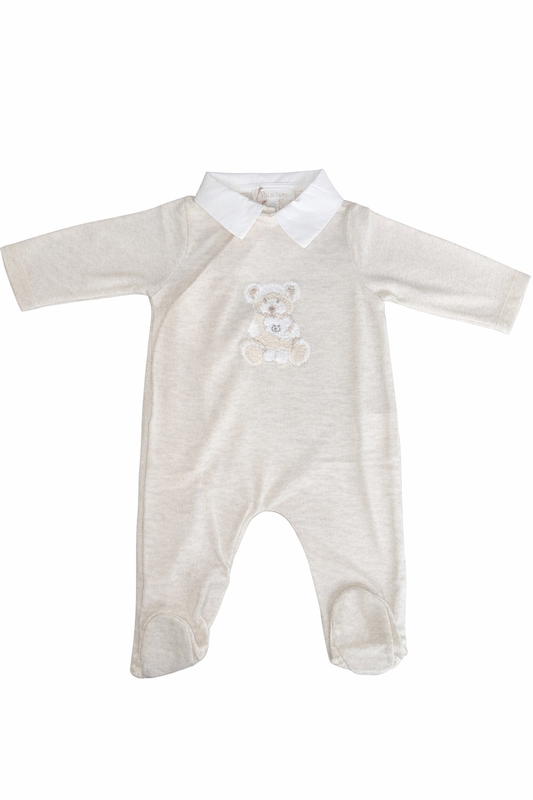 Patachou Beige Pique Teddy Babygrow  | Beige Teddy Pique Teddy Babygrow With Collar (1-6 Months)