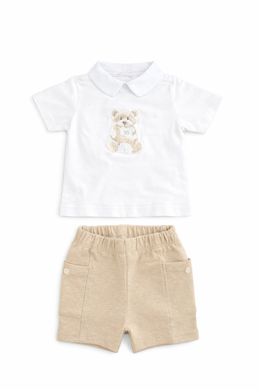 Patachou Beige Teddy Shorts Set  | Camel Teddy Two Piece Set (6-24 Months)