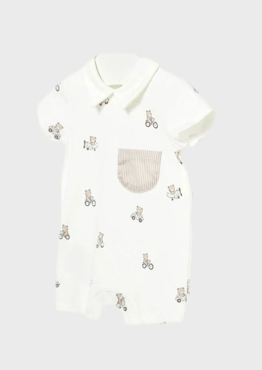 Mayoral Baby Boy Cream Teddy Print Romper | Cream Teddy Print Romper With Pocket (0M–18M)