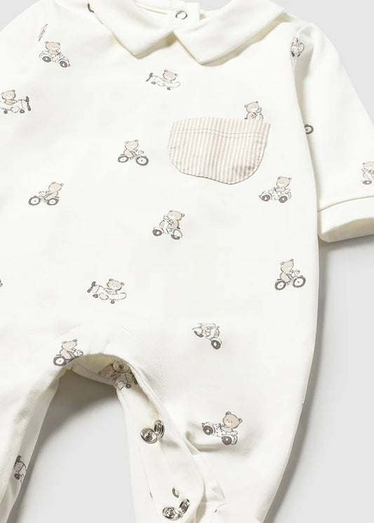 Mayoral Baby Boy Cream Teddy Print Babygrow | Cream Teddy Print Babygrow With Pocket (0M–12M)