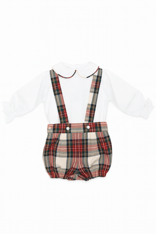Puro Mimo Red Tartan Baby Boy Romper with White Collar & Velvet Trim | Spanish Christmas Romper (6M–3Y)