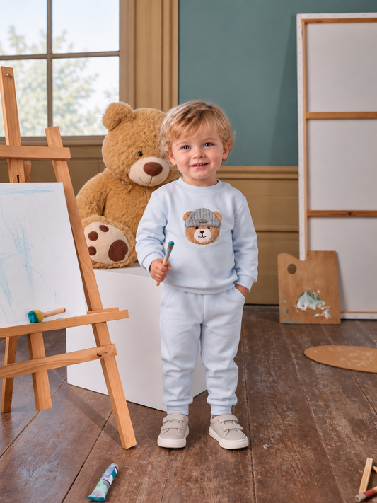 Patachou Boys Baby Blue Bear Tracksuit Set  | Winter Bear With a Beanie Set (6 Months-2 Years)