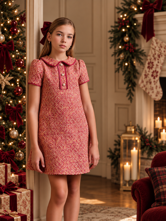Patachou Girls Fuchsia Tweed Dress | Winter Tweed Dress (6-12 Years)