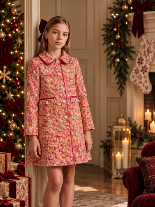 Patachou Girls Fuchsia Tweed Woven Dress Coat | Winter Tweed Dress Coat (6-12 Years)