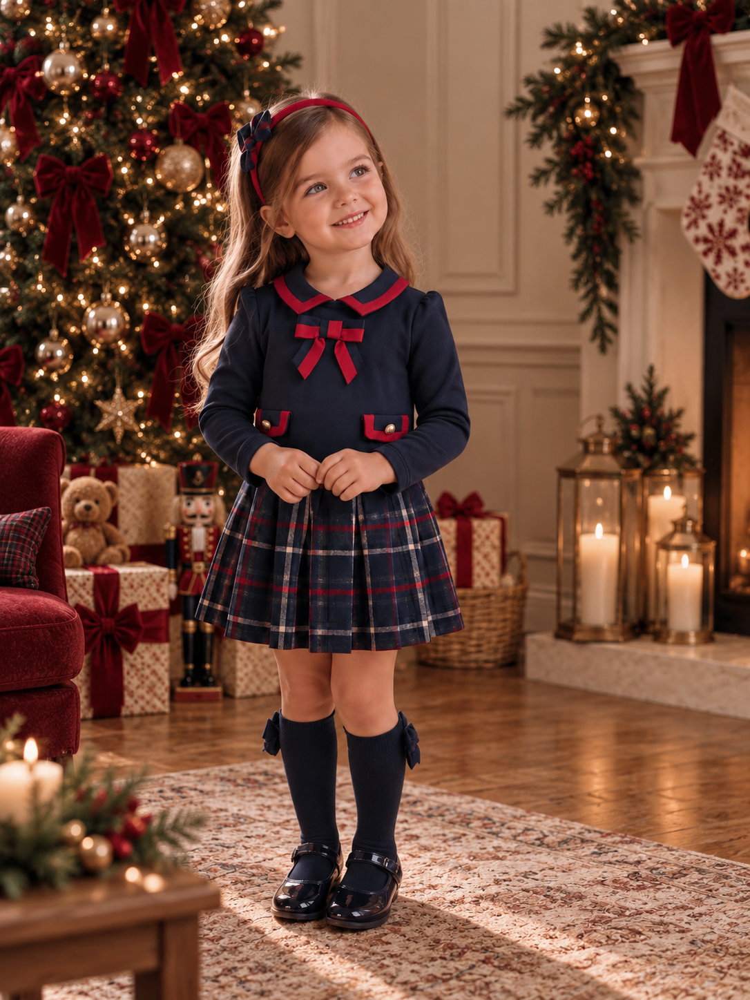 Patachou Girls Navy/Red Tartan & Interlock Dress | Winter Tartan Pleated Dress (2-8 Years)