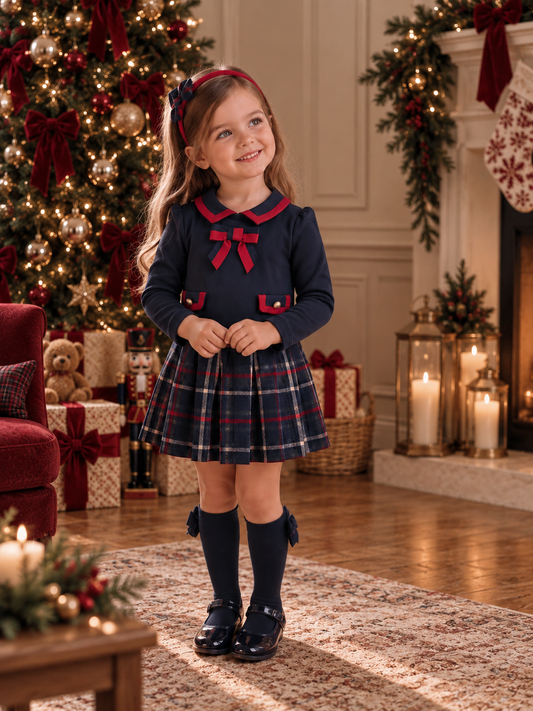 Patachou Girls Navy/Red Tartan & Interlock Dress | Winter Tartan Pleated Dress (2-8 Years)