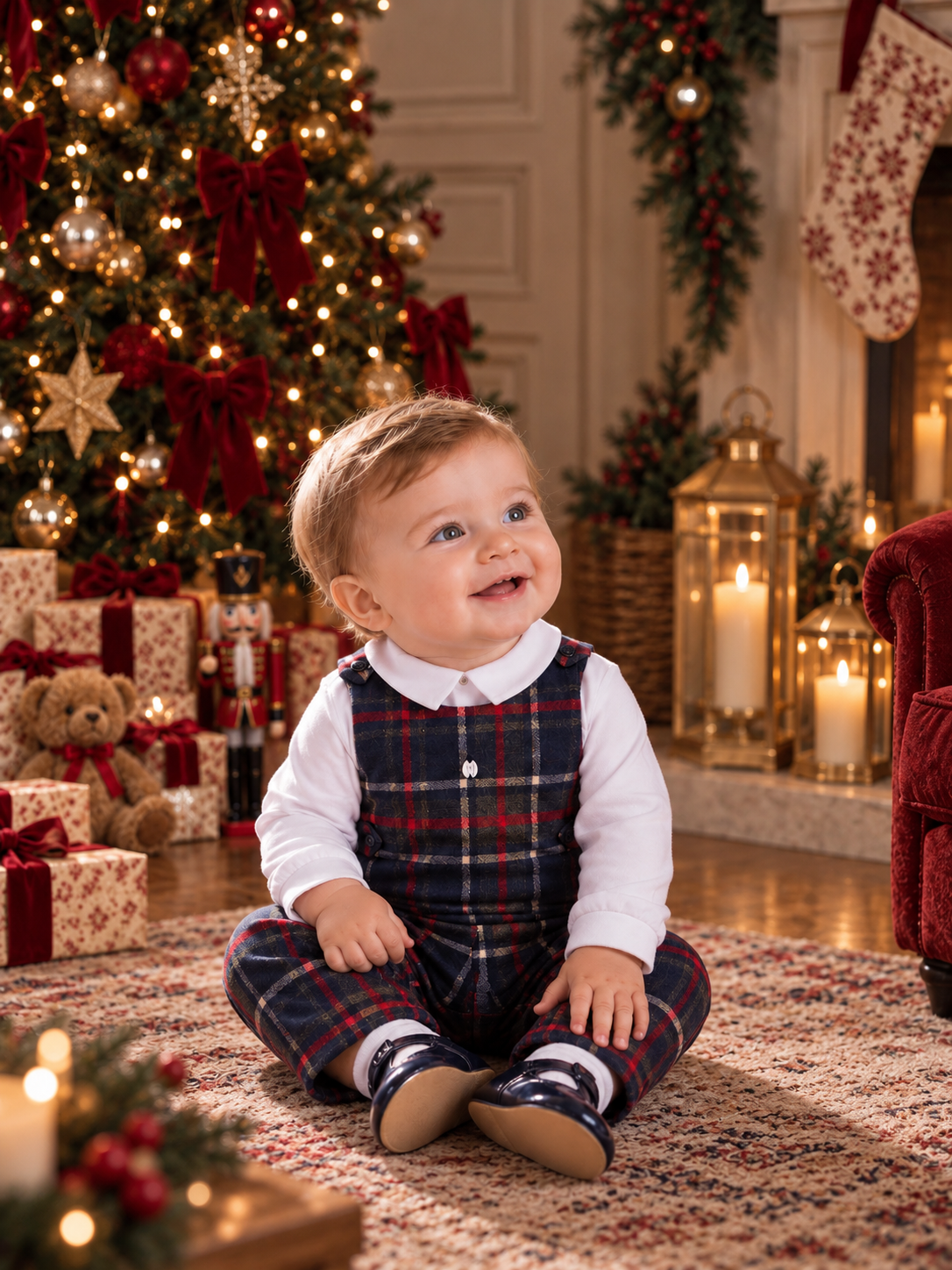 Patachou Boys Navy/Red Tartan & Interlock Dungeree | Winter Tartan Dungeree (6-24 Months)