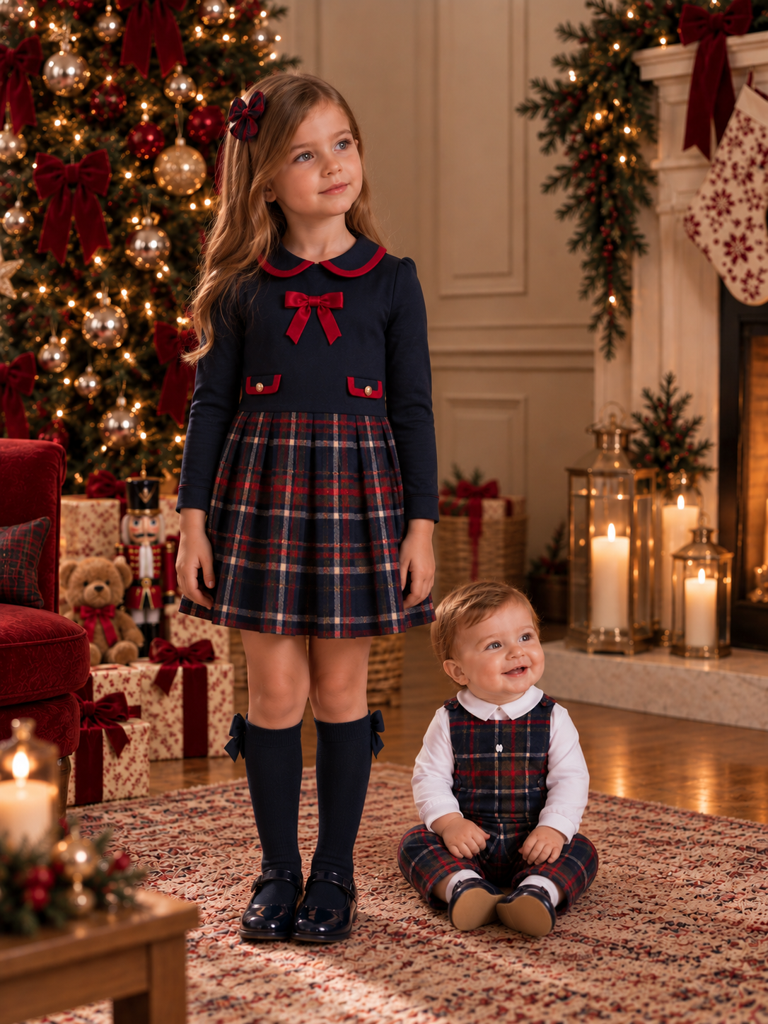 Patachou Girls Navy/Red Tartan & Interlock Dress | Winter Tartan Pleated Dress (2-8 Years)
