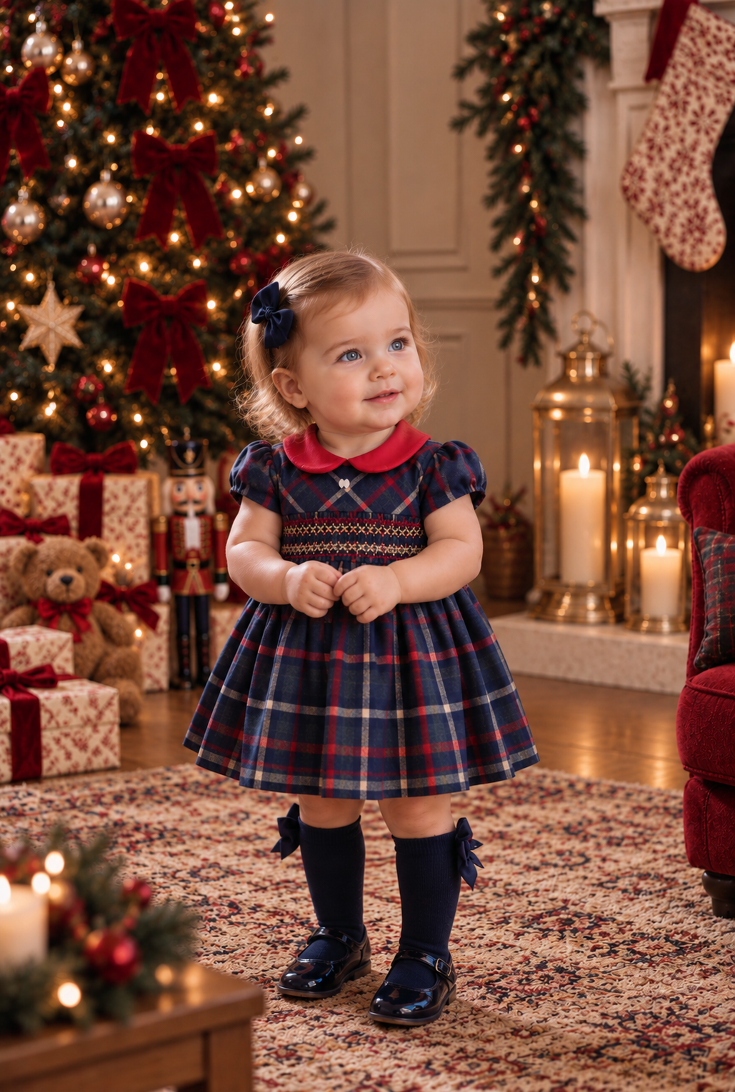 Patachou Baby Navy/Red Tartan Smocked Dress  | Winter Tartan Smock Dress (6-18 Months)