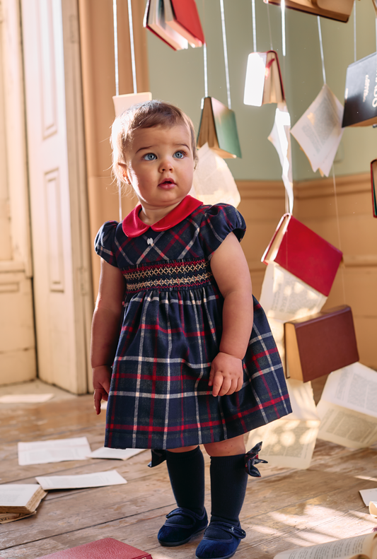 Patachou Baby Navy/Red Tartan Smocked Dress  | Winter Tartan Smock Dress (6-18 Months)