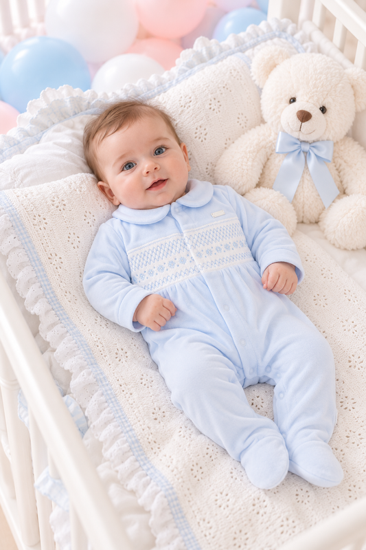 Blues Baby ‘Tivoli’ Boys Blue Smocked Velour All in One| Soft Blue (NB-6M)