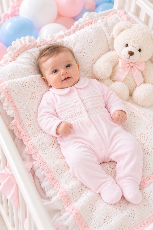 Blues Baby ‘Tivoli’ Girls Pink Smocked Velour All in One| Soft Pink(NB-6M)