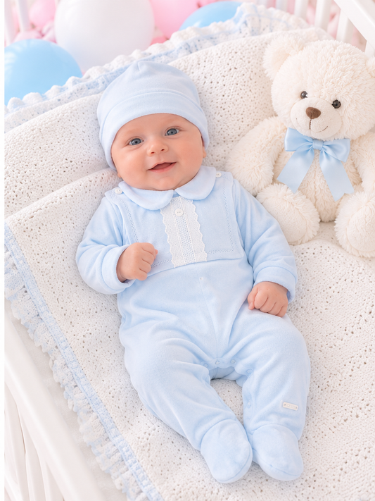 Blues Baby ‘Tivoli’ Boys Blue Velour All in One With Bib & Hat | Soft Blue (NB-12M)