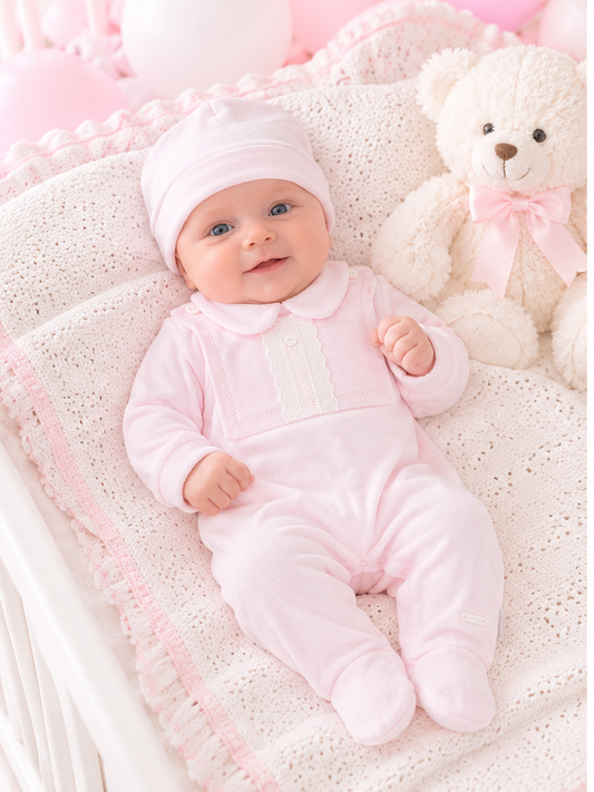 Blues Baby ‘Tivoli’ Girls Pink Velour All in One With Bib & Hat | Soft Pink (NB-12M)