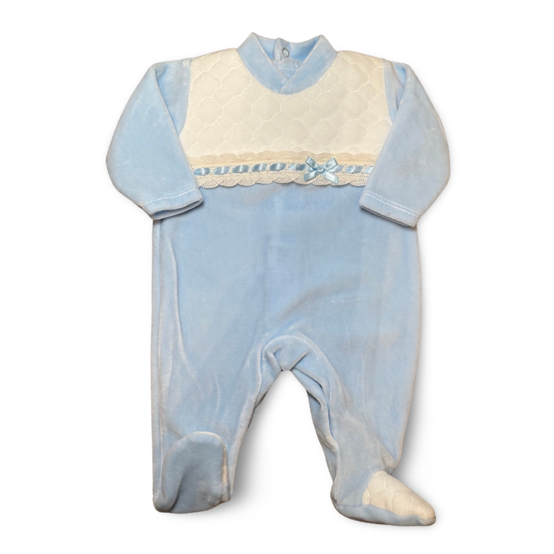 Blue Velour Baby grow with lace