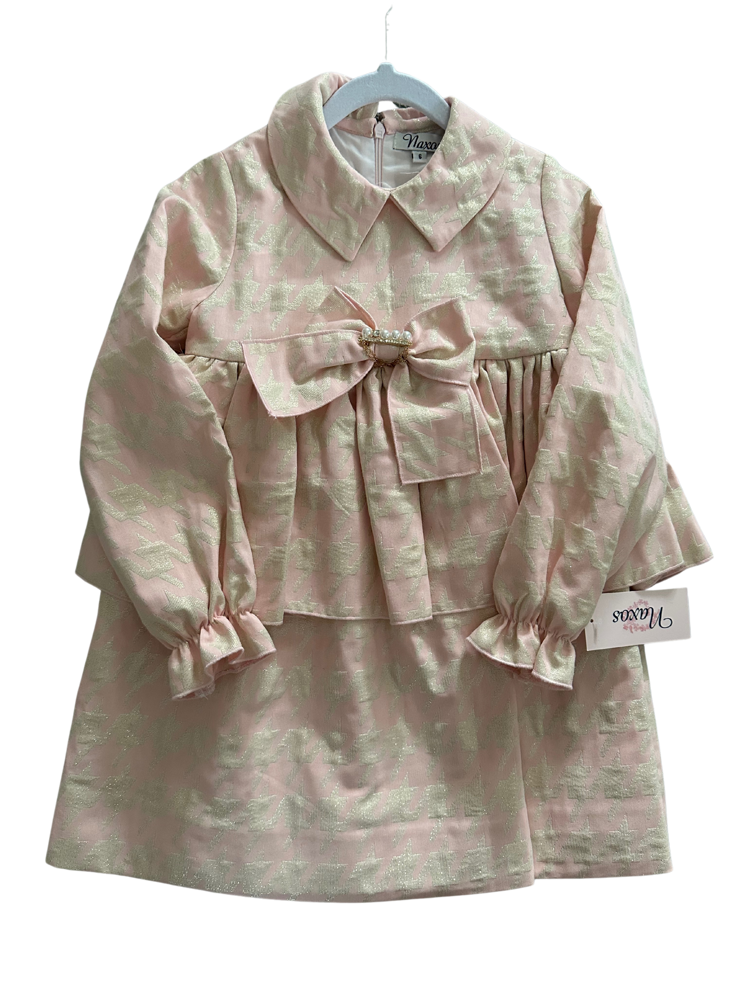 Naxos Girls Long Sleeve Pink/Gold Houndstooth Dress