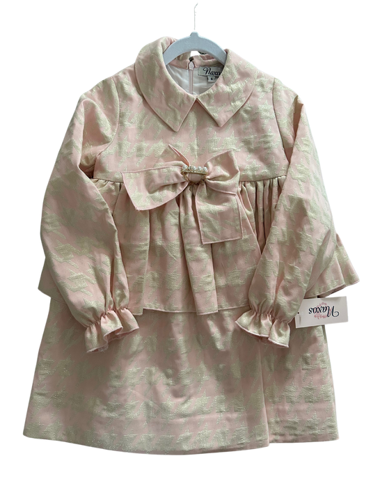 Naxos Girls Long Sleeve Pink/Gold Houndstooth Dress