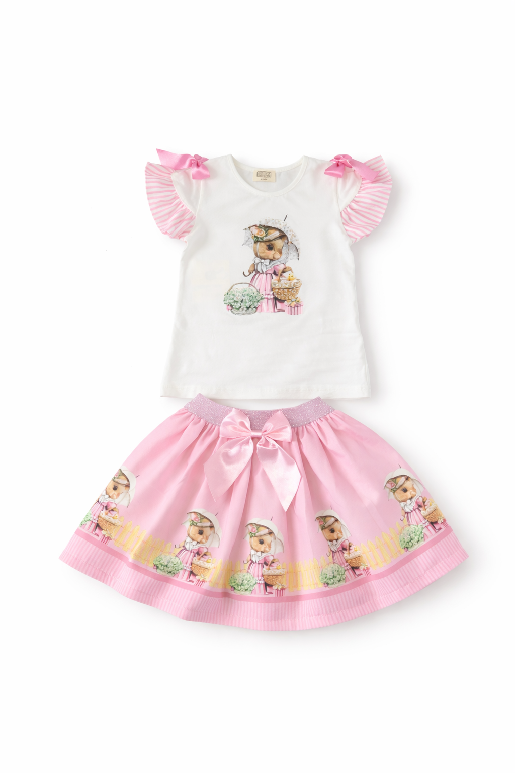 Girls Pink Bunny Print Skirt Set | Bow Detail Summer Outfit 2–8 Years