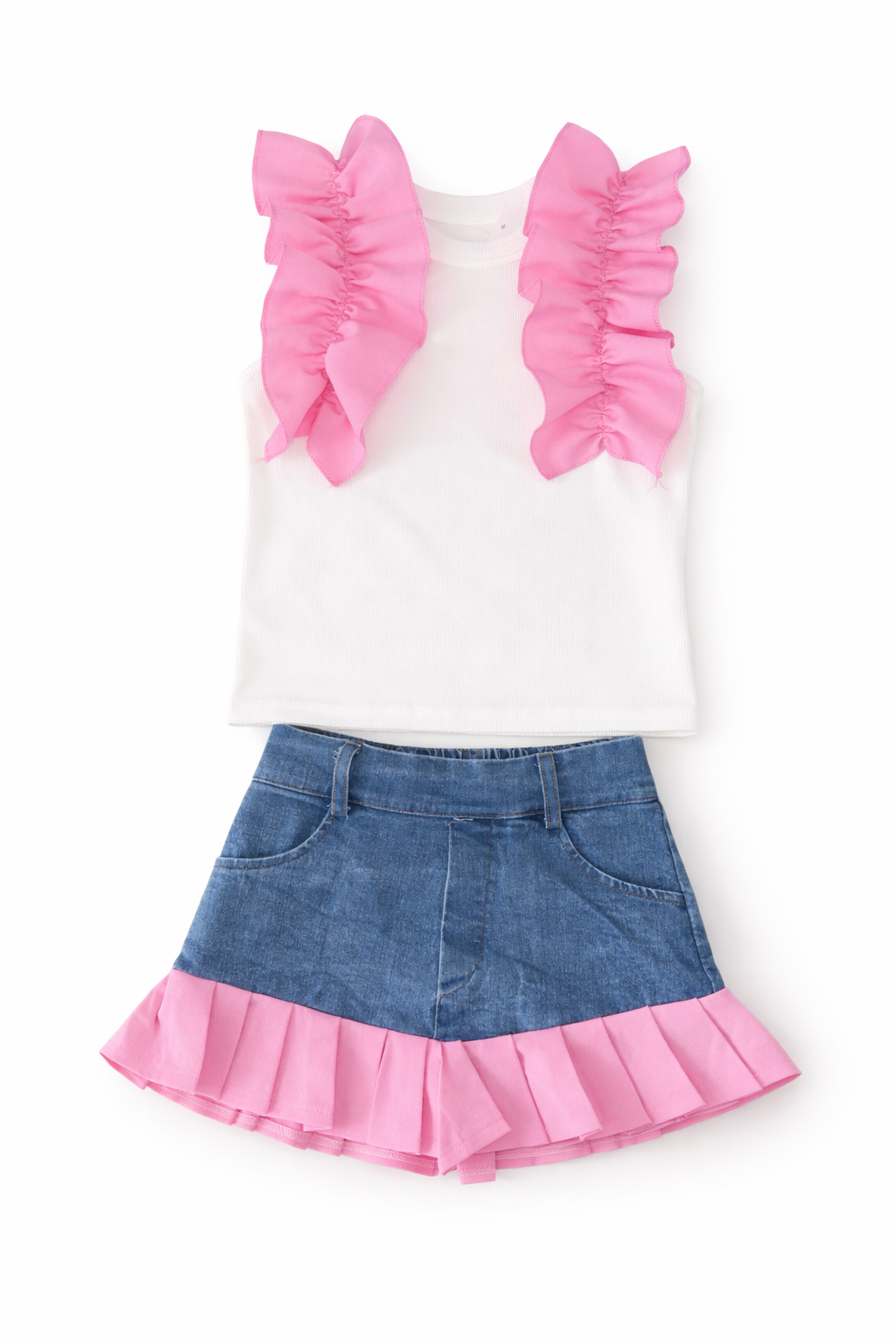 Girls Pink Ruffle Top & Denim Frill Skort Set | Summer Outfit 3-14 Years