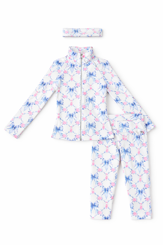 Lilac and Pink Bows Gym Set – Ages 4–14 | Matching Jacket & Capri Leggings