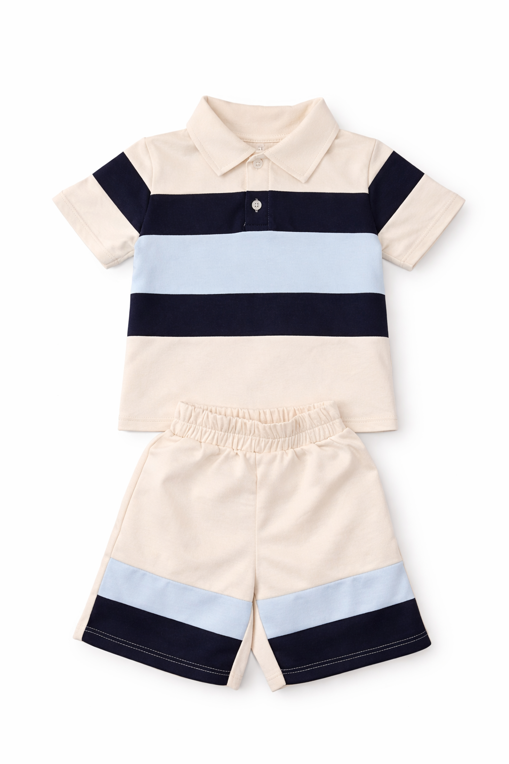Boys Beige & Blue Stripe Polo Shirt & Shorts Set | Smart Summer Outfit 2-12 Years